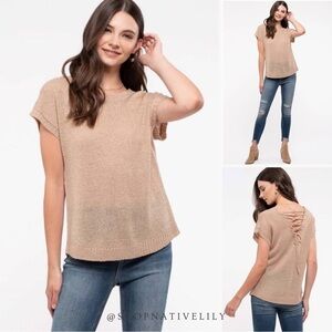 NWT Mine Women's Lace-Up Back Lightweight Knit Short Sleeve Top Sz Large, Taupe